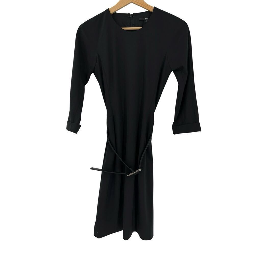 Hugo Boss Belted Wool Stretch Sheath Dress Sz 2 Black